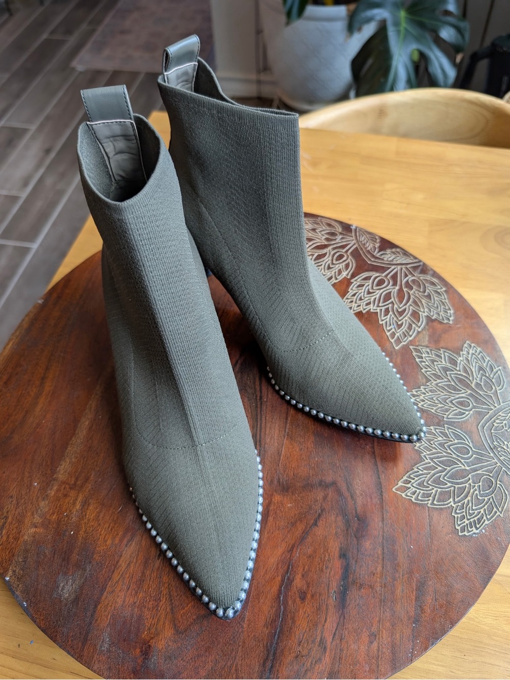 BCBGeneration Olive Knit Pointed-Toe Studded Ankle Booties